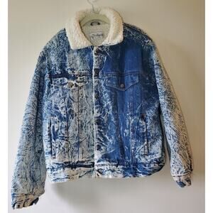 Sea Horse Vtg Denim Jacket Fleece Lined Acid Wash Womens XL Y2K Cozy Pockets